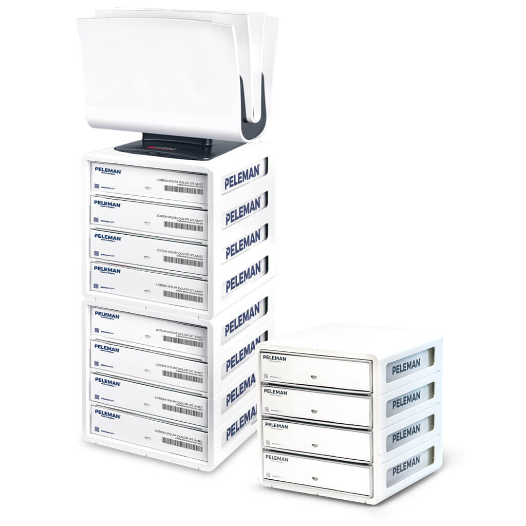 White PELEMAN storage system with multiple drawers on a white background