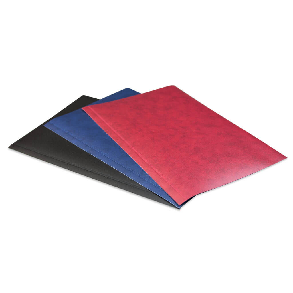 Three colorful coversets (black, blue, red) by Peleman / unibind for spine covers sold at Binding Products