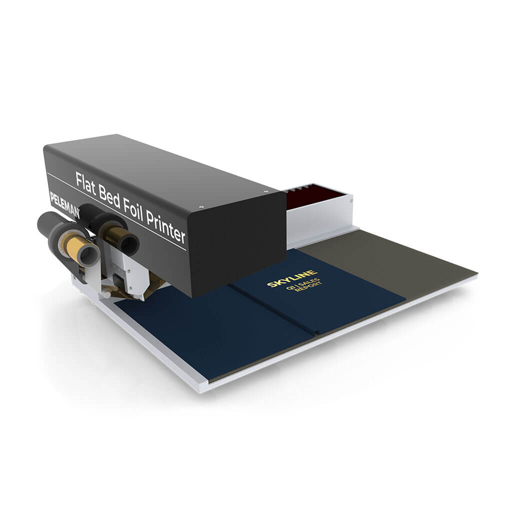 Flat bed foil printer with 'Peleman' branding on a white background