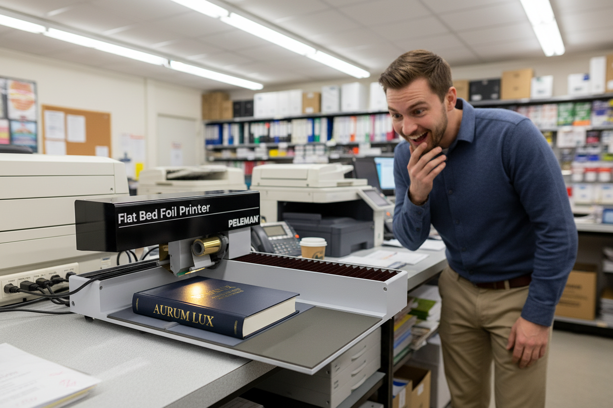 Flat Bed Foil Printer with gold foil on hardcover in copy shop