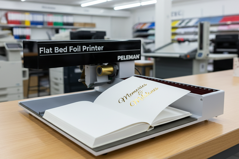 Flat Bed Foil Printer with open book and gold foil text