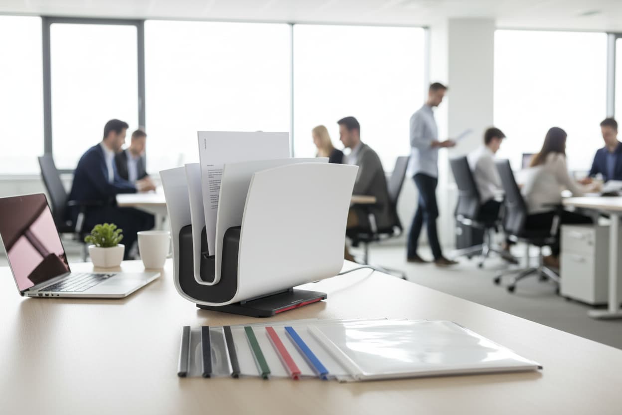 Desk with office supplies and people working in the background Peleman binder 8.2 UK