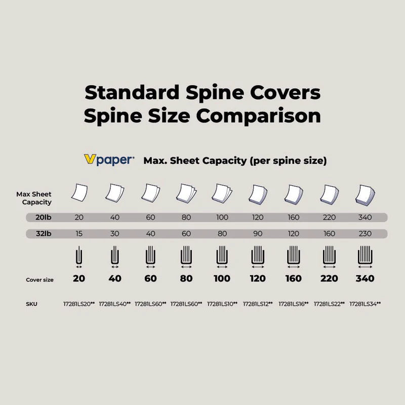 Chart of standard spine cover sizes with Vpaper  120gsm