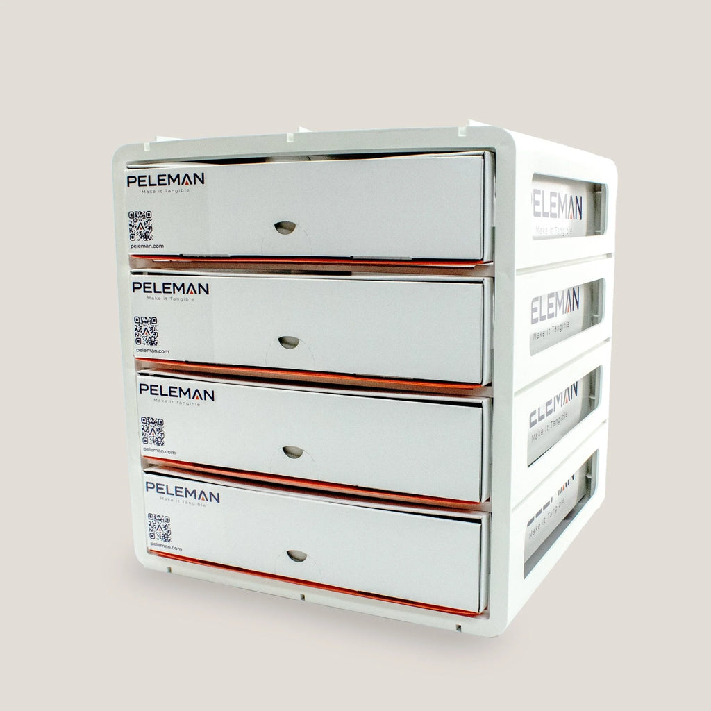 White storage unit with multiple drawers labeled 'PELEMAN' on a light gray background