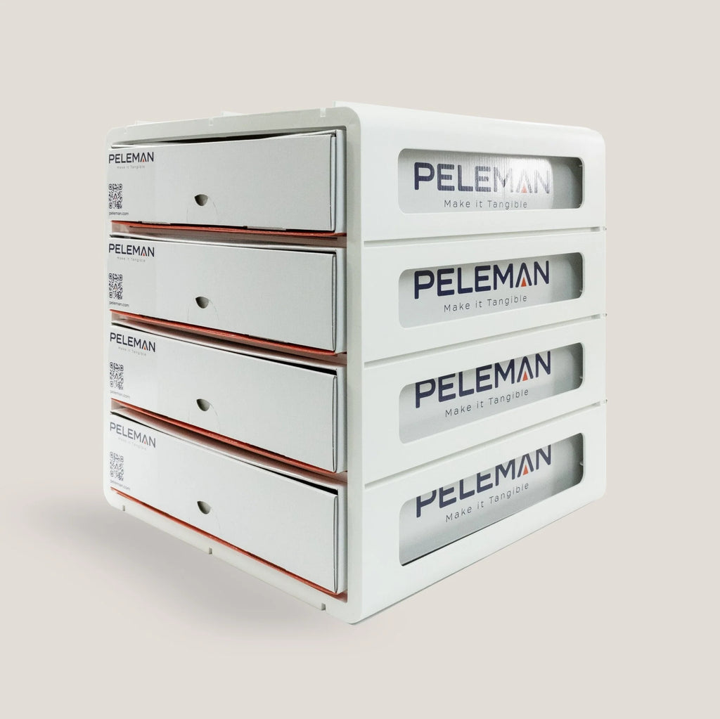 White storage unit with multiple drawers labeled 'Peleman' on a beige background